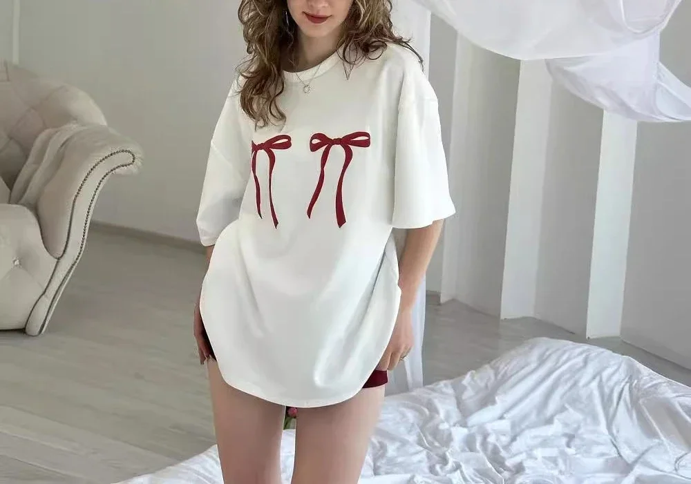 

Fashionable American Simple Bow Print Shoulder T-shirt Women in Summer Y2k Basic Fashionable Loose Pullover Short-sleeved Top