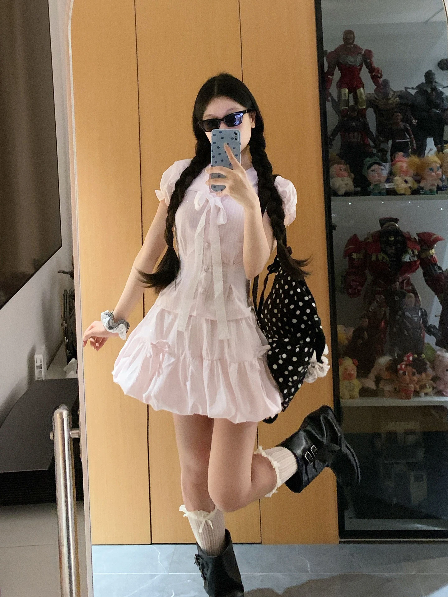 

Sweet Style Knot Collar Pink Waist-Cinching Top Women's Petite Skirt Fluffy Summer Navy Collar Set Casual Fashion