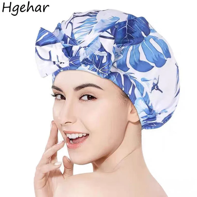 Bow-knot Shower Caps Women Cute Waterproof Bath Hats Face Washing Make-up Moisture Proof Double Layer Head Cover Hair Bonnet New