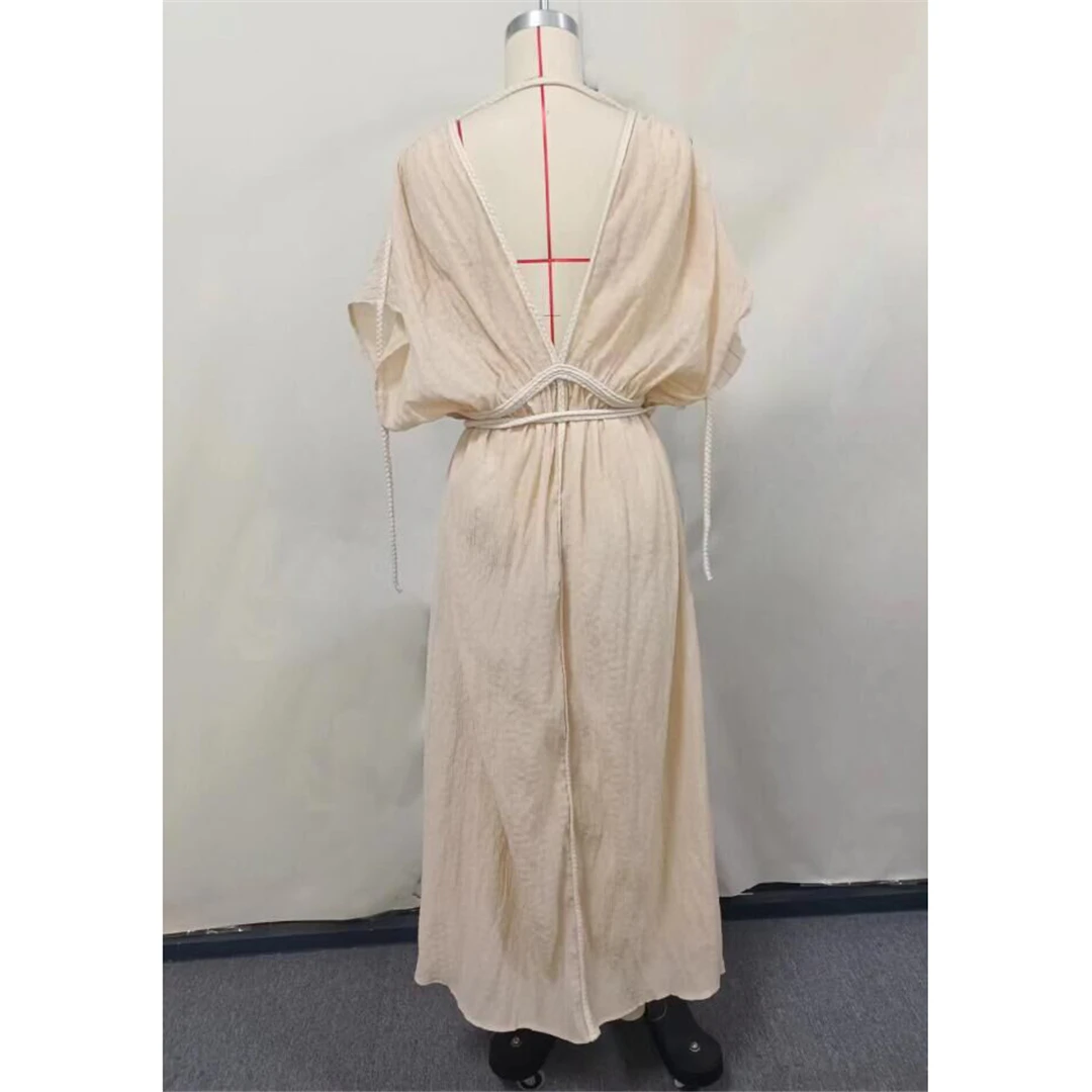 Tief ausgeschnittenes, kurzärmeliges, hochgeschlitztes, gehäkeltes Strick-Tunika-Strandkleid, Strandmode, Damen-Strand-Cover-up, V5646 – Detail 10