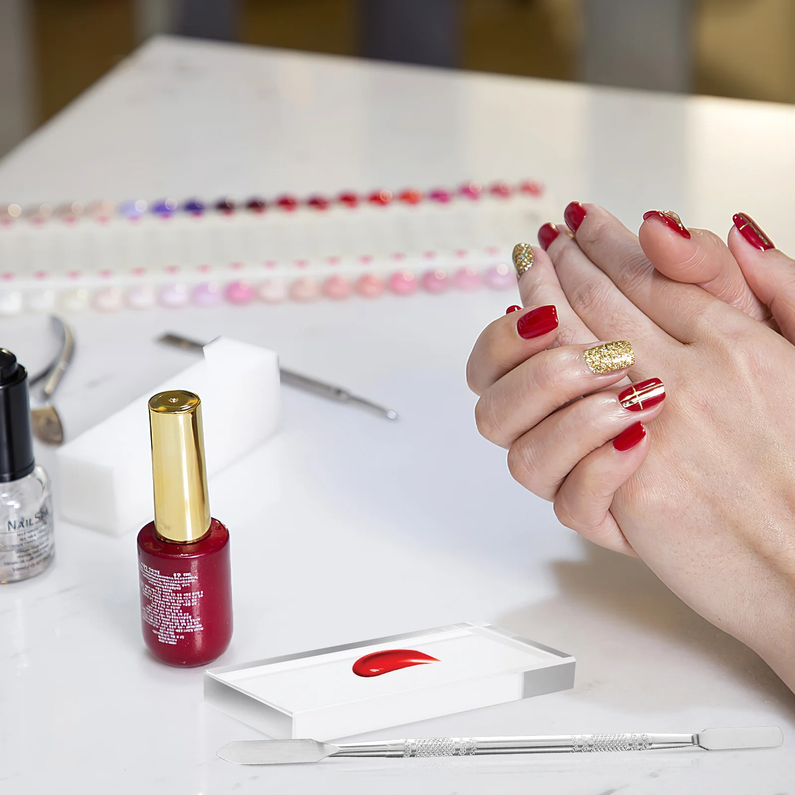 

3Pcs Nail Art Palettes Glass Clear Mixing Boards for Nail Gel Polish Acrylic Paint Makeup Including Stainless Steel Dual Head