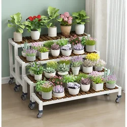 Iron Art Flower Rack, Convenient Wheeled Plant Stand, Long Multi-Layer Flower Pot, Living Room, Balcony