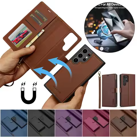 LC.imeeke Magnetic Leather Wallet Phone Case for Samsung Galaxy S25 Edge S24 Ultra S23 FE S22 Plus A56 A36 A16 A55 Lanyard Cover