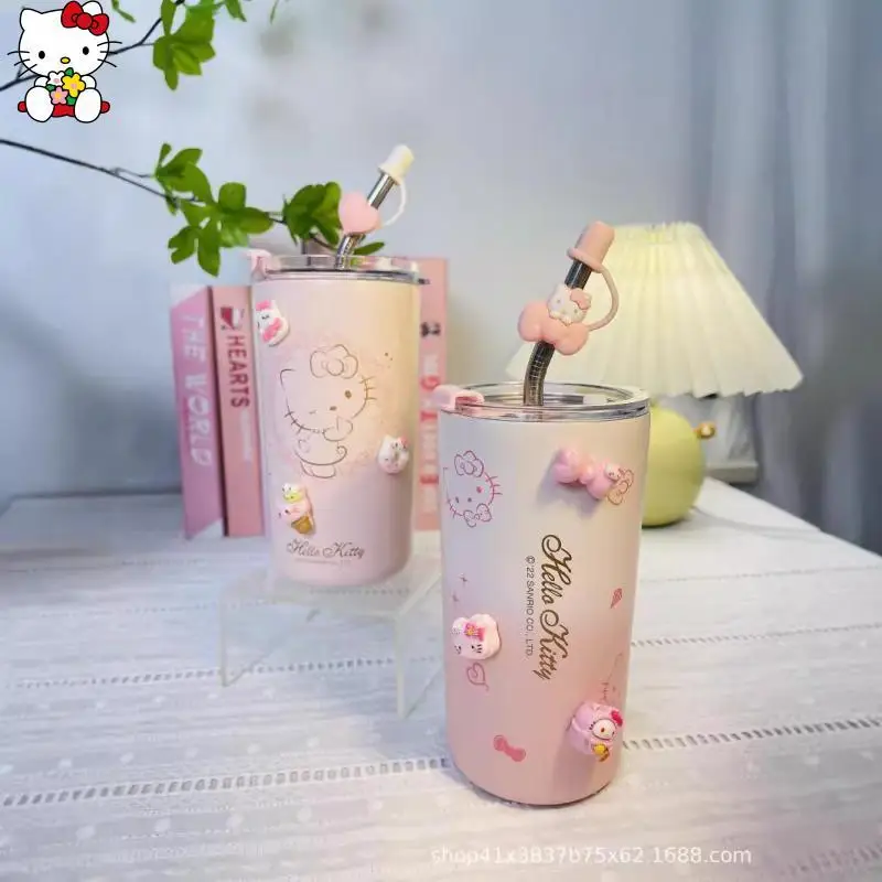 Tasse à vide Sanrios Hello Kittys, jolie tasse d'eau d'isolation froide de grande capacité avec paille, cadeau de Festival