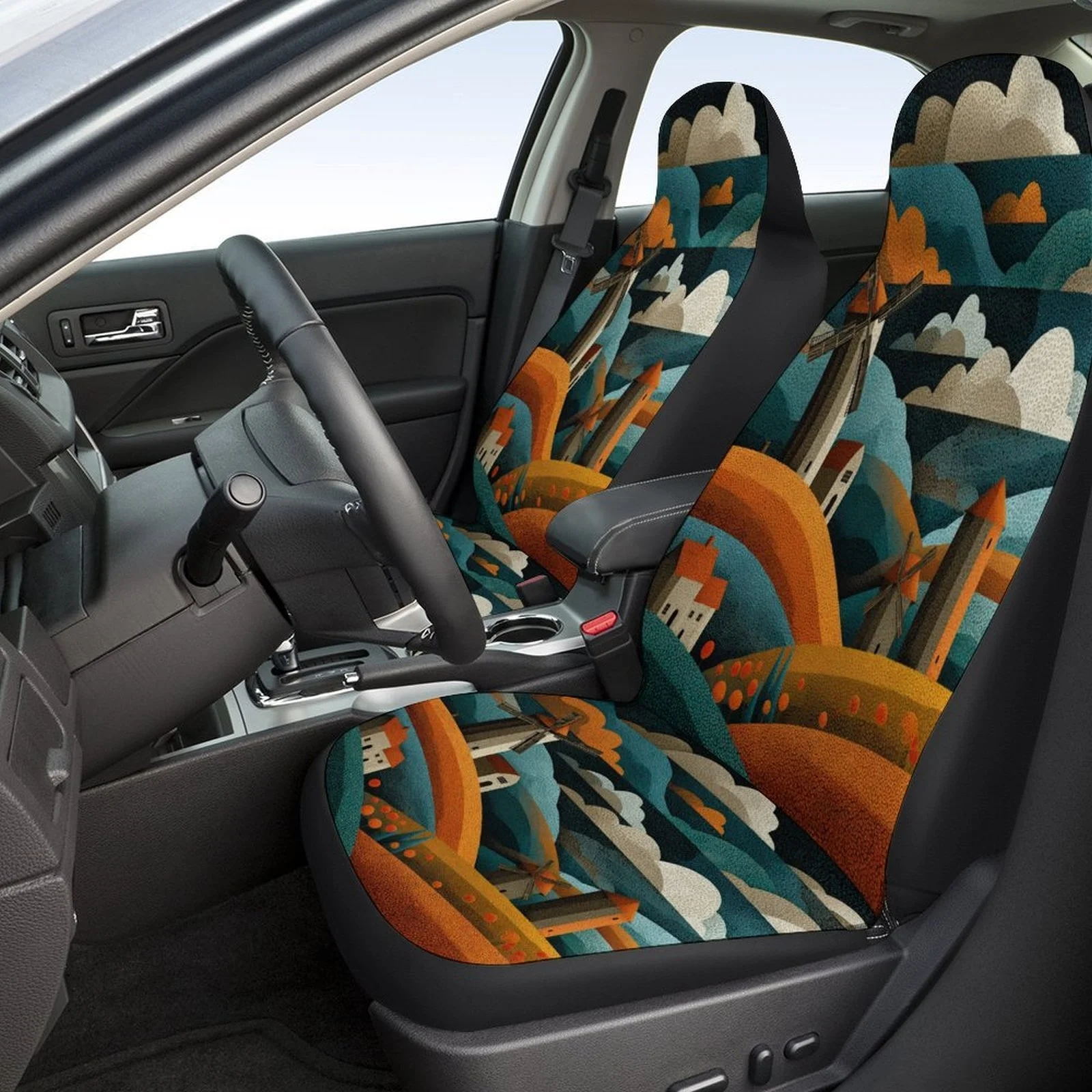 Windmill Landscape Themed Car Seat Cover Set For Most Cars, Trendy Novelty Car Seat Protector Covers Full Set, Universal Car Sea