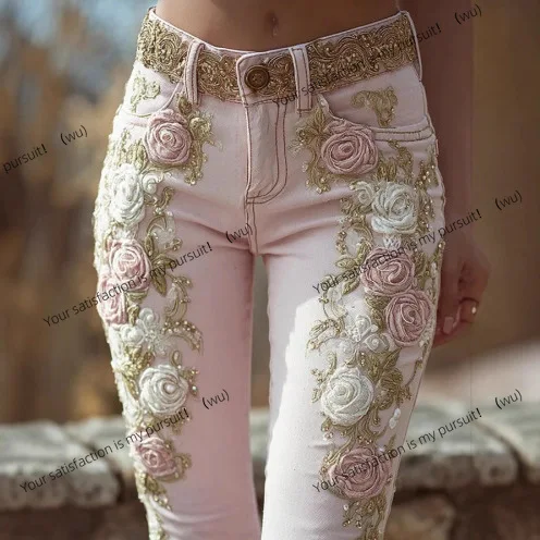 

25 Women's Vintage Pink Rose Embroidery Art Print Jeans Elegant Temperament