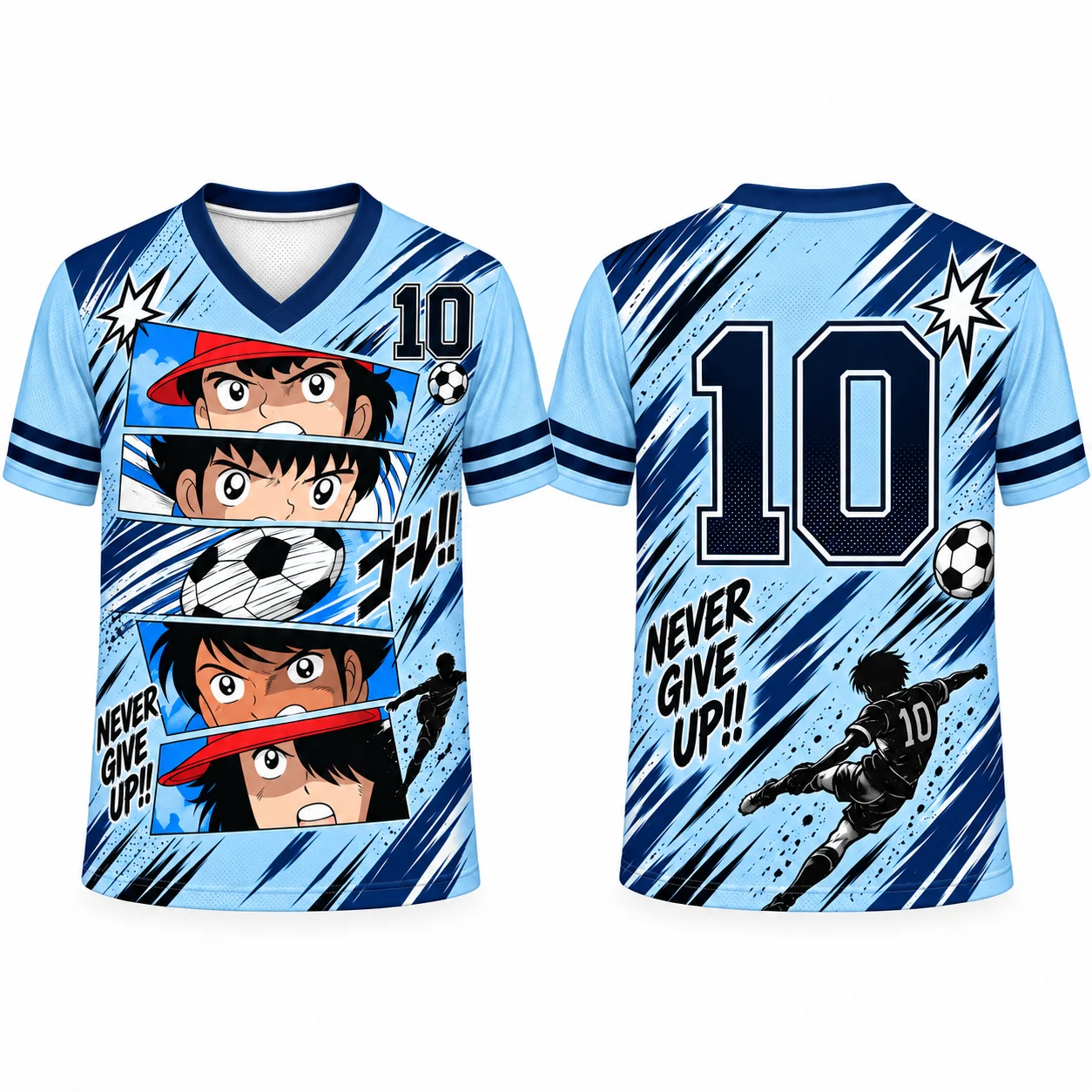 Anime Soccer No.10 Mesh Jersey, Manga Football Comic Panel Never Give Up V‑Neck Short Sleeve, Retro Japanese Sport Oversized Top