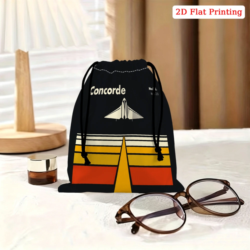 1pc Vintage Concorde Aircraft Drawstring Bag Black Yellow Red Retro Airplane Print Storage Small Pouch Travel Organizer Cosmetic