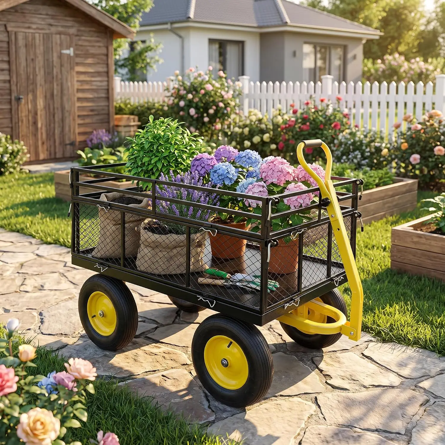 Heavy-Duty Steel Wagon Garden Cart – 1400 lbs Capacity, Removable Mesh Sides, 16