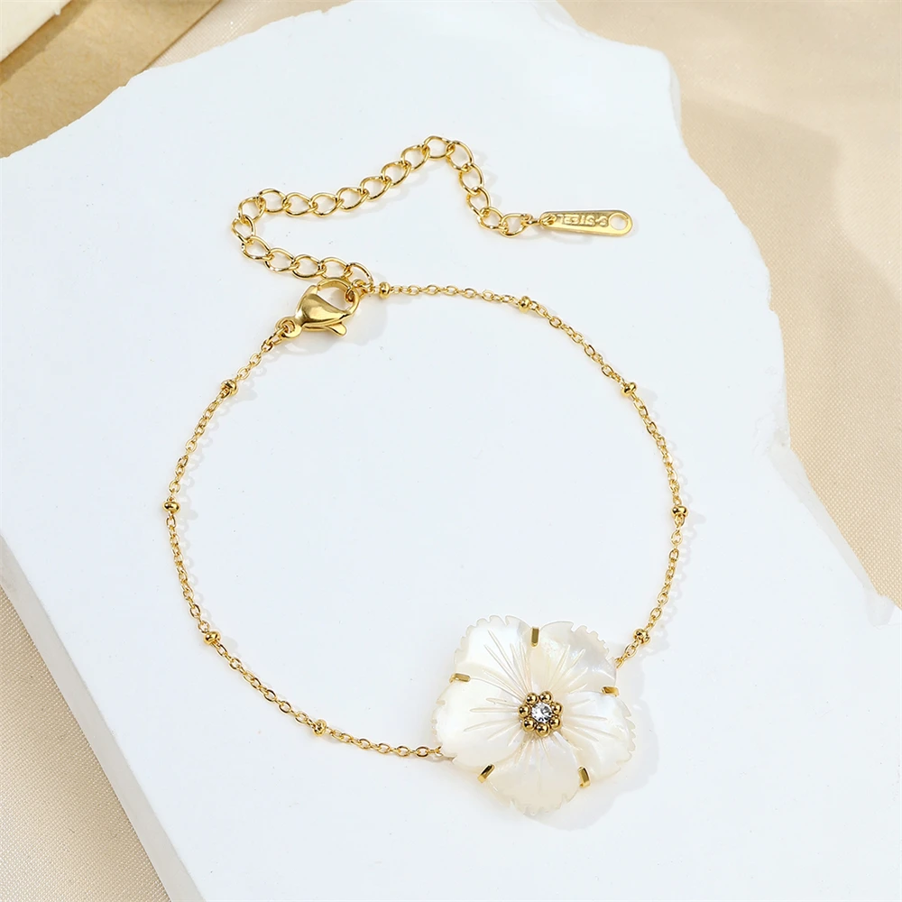 Hip Hop 316L Stainless Steel Large Shell Flower Pearl Bracelet for Men Women Adjustable Fashion Jewelry Gift