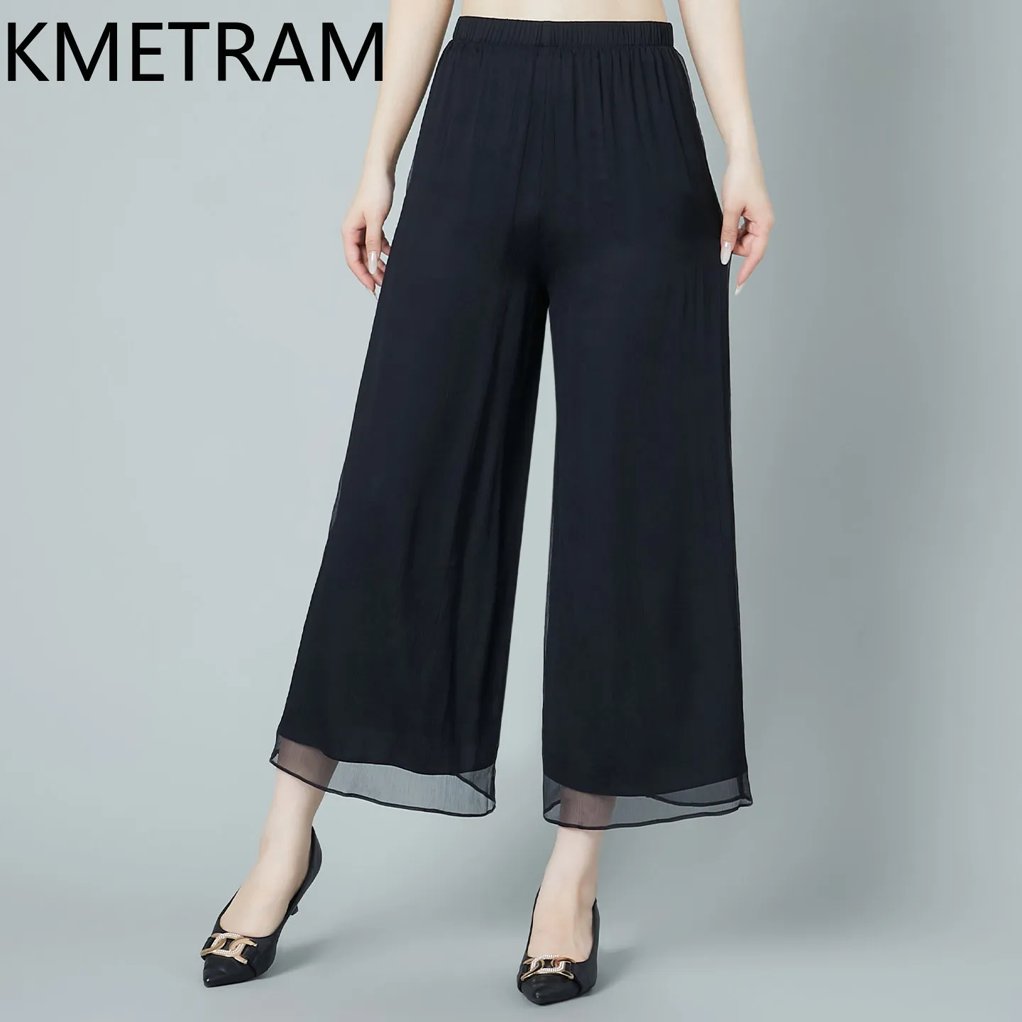 KMETRAM 100% Real Silk Trousers Women 2026 Summer Double-layer Casual Plus Size Wide-leg Pants Women Clothing Pantalones Mujer