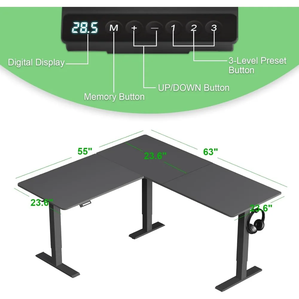 Upgrade Version 63 * 55 inch L Shaped Electric Adjustable Height Standing Desk, Corner Stand Up Desk, Sit Stand Computer L Desk