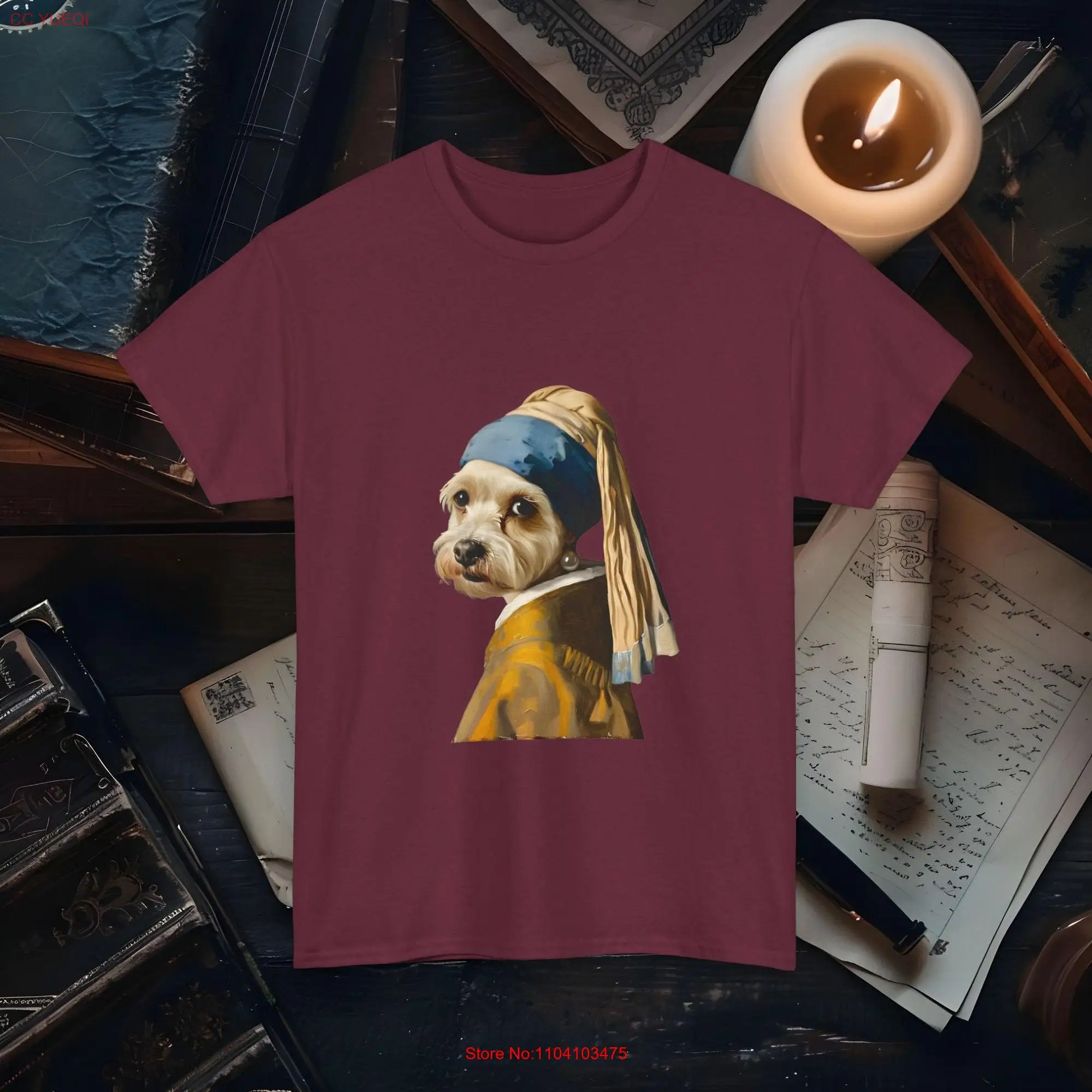 Dog Painting with a Pearl Earring T Shirt Classic Art Parody Whimsical Canine Design for Animal Lovers