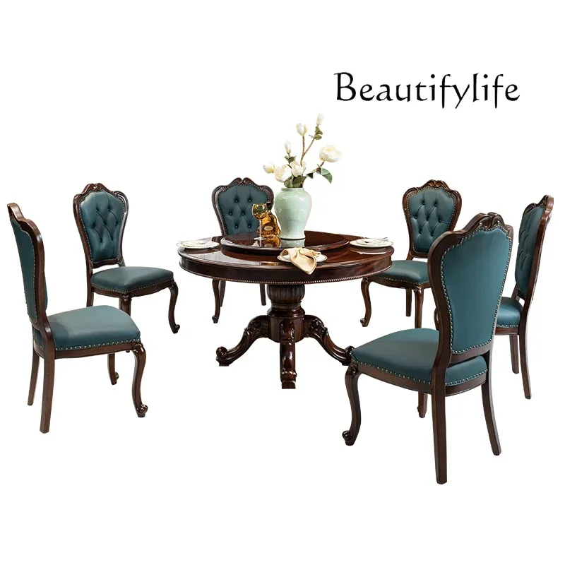 D YAmerican Retro All-solid Wood Dining Table And Chair Combination Walnut Home Round Table Luxury Carved Dining Table