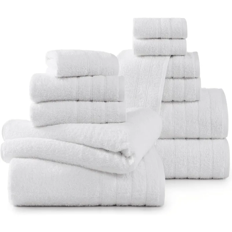 Bath Towels 12 Piece Set, 4 Bath Towels 30 x 60 Inch, 4 Hand Towels, and 4 Washcloths, Ring Spun Cotton Highly Absorbent Towels