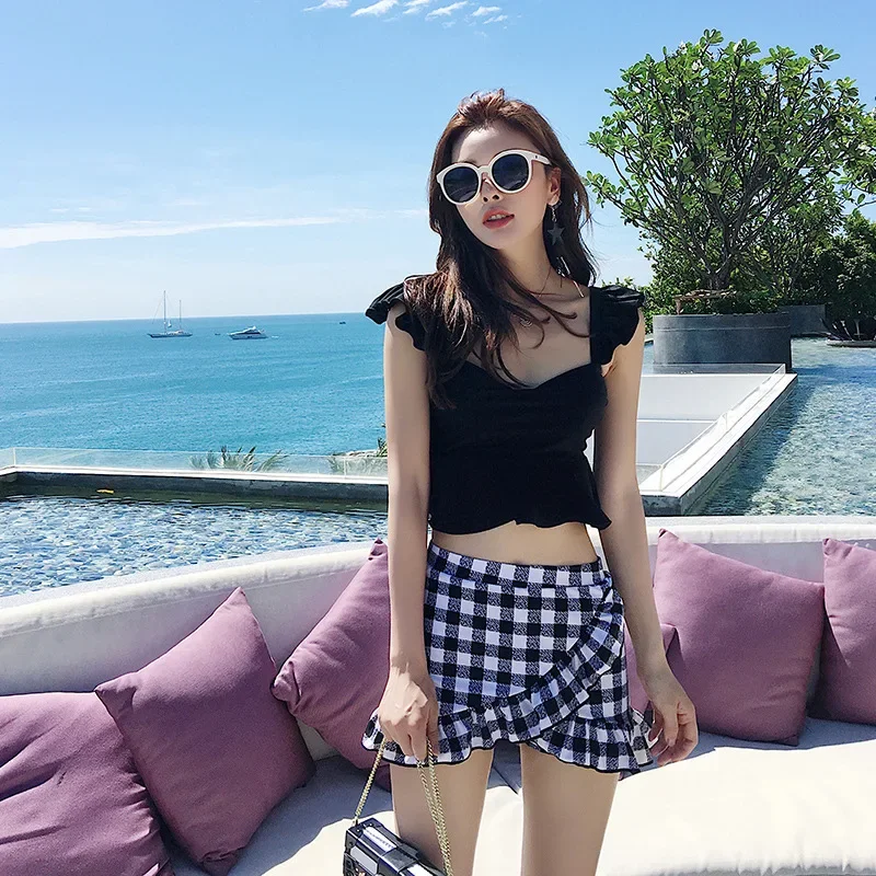 

2024 Women's Swimwear Female Swimsuit Plaid Ruffle Skirts Bandeau Bathing Suits Girls Korean High Waisted Bikini Set Beach Wear