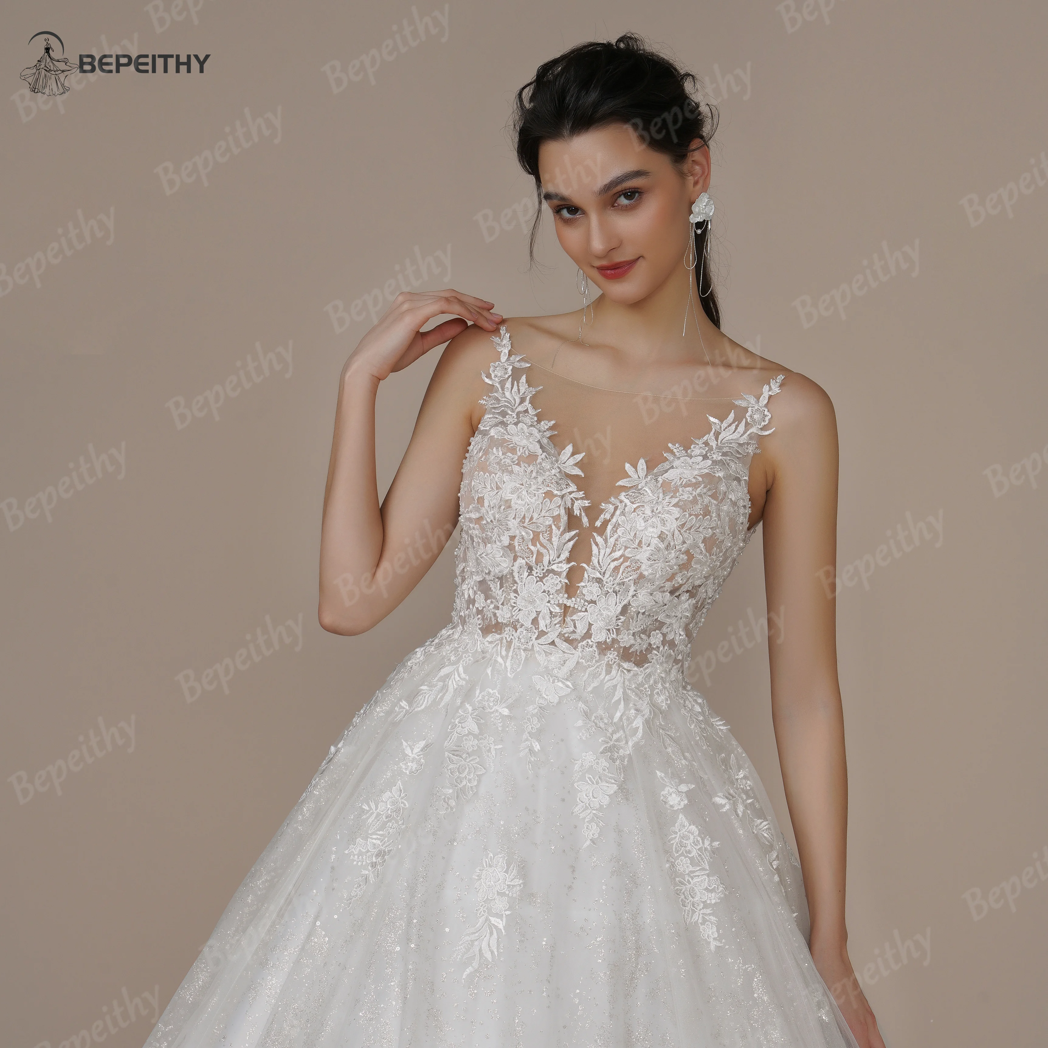 BEPEITHY Sexy Backless Scoop Lace Wedding Dresses For Bride France Court Train Glitter Skirt A Line Sleeveless Women Bridal Gown