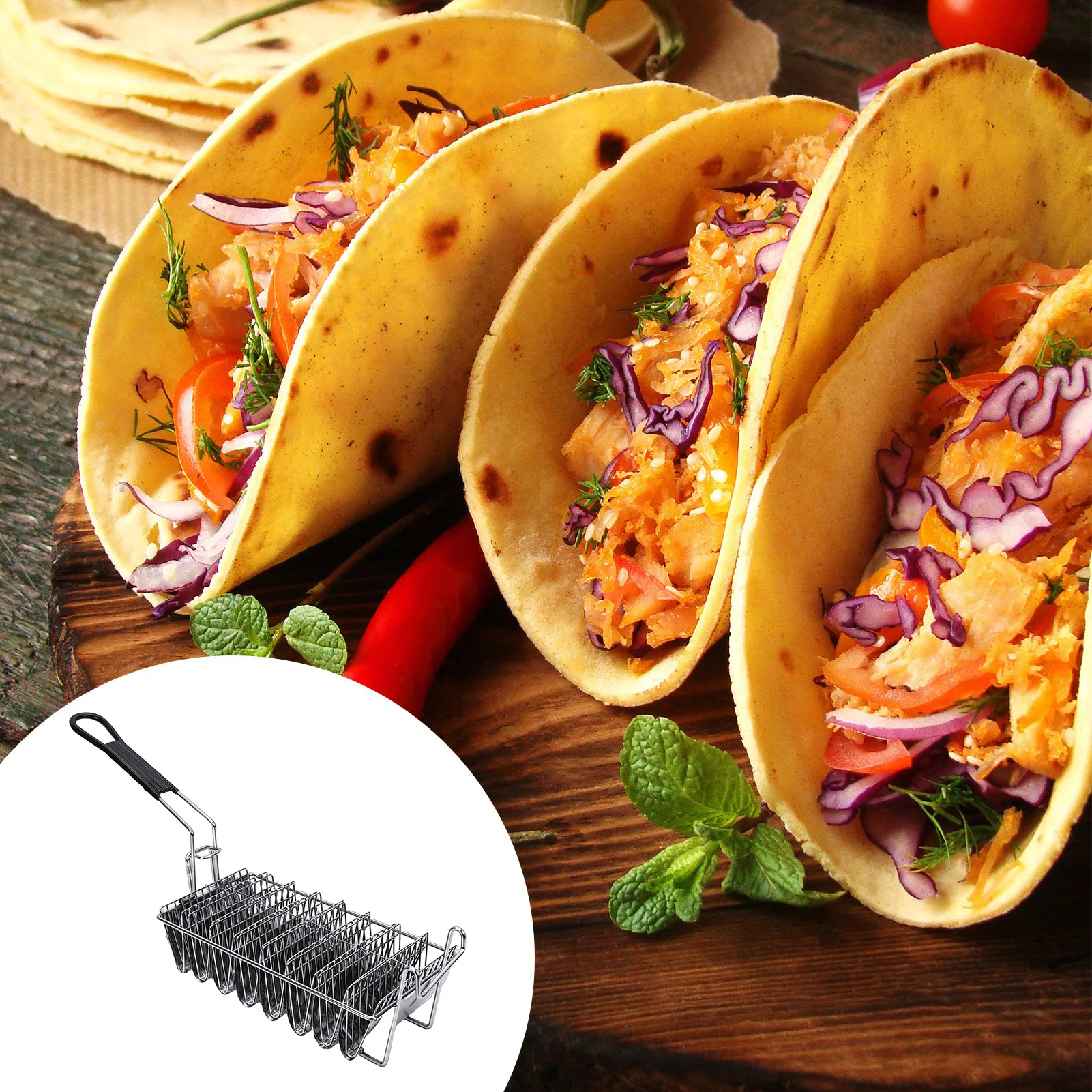 8 Shells Stainless Steel Taco Fryer Basket Kitchen V Shaped Mold with Grip Handle