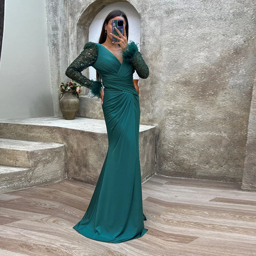 

Платье в Саудовской Аравии по индивидуальному заказу, вечерние платья длиной до пола, свадебное платье с длинными рукавами и перьями