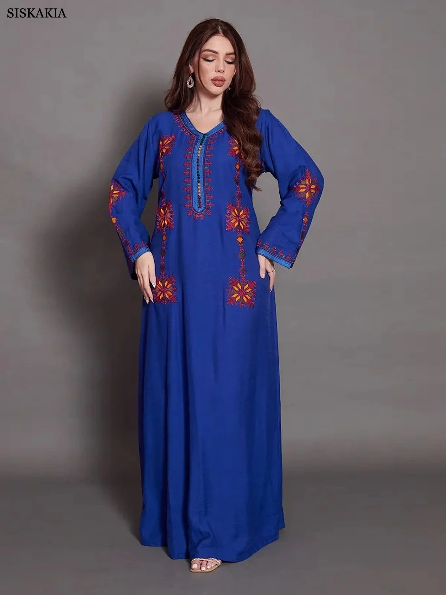 Siskakia Arabic Dress For Women 2023 Moroccan Dubai Africano Abaya Solid Embroidery Full Sleeve Loose Ramadan Muslim Femme Robe