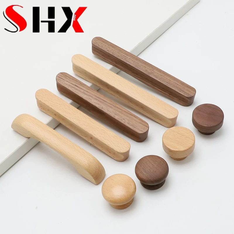 Poignées de porte d'armoire en bois massif, poignées de porte de garde-robe, poignées de tiroir en chêne et noyer noir, trou unique 64/96/128/160/92mm