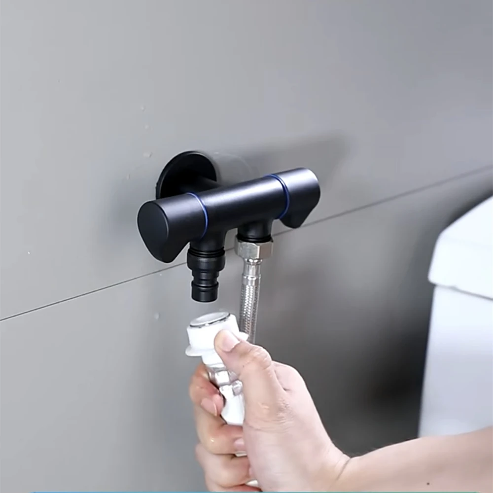 Black Washing Machine Faucet Stainless Steel One In Two Out Three Way Corner Valve Water Divider Dual Use Double Outlet Joint