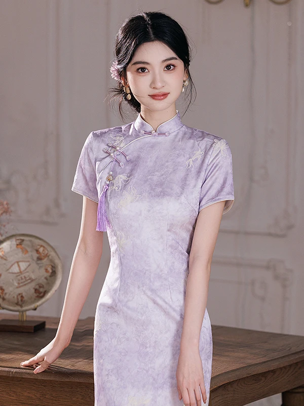 Elegante Vestido Estilo Chino, Diseño Retro, Cuello Alto, Manga Corta, Material Transpirable, Uso Diario, Nueva Lle...