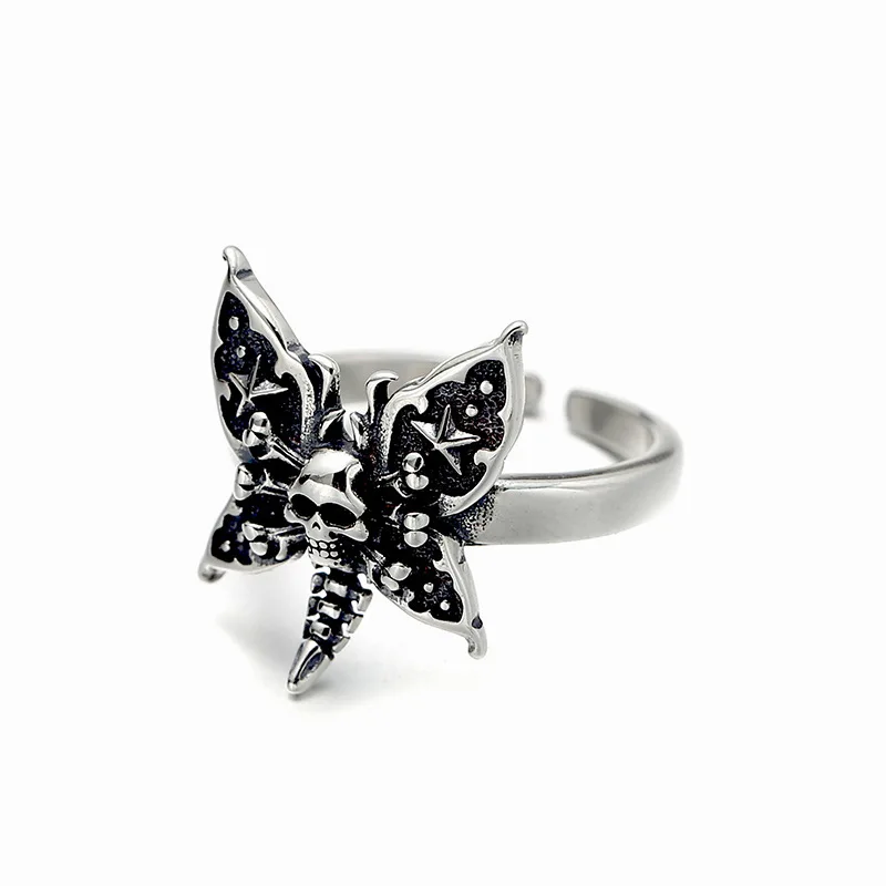 Anillo de mariposa desgastado vintage, Calavera punk, Plata tailandesa de verano, accesorios de moda simples, hip hop