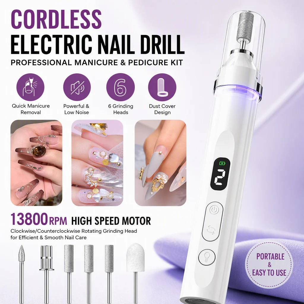 6 in 1 Electric Nail Polish Drill Machine With LED Light Cordless Electric Manicure Art Pen Tools Nail Grinder For Gel Remover
