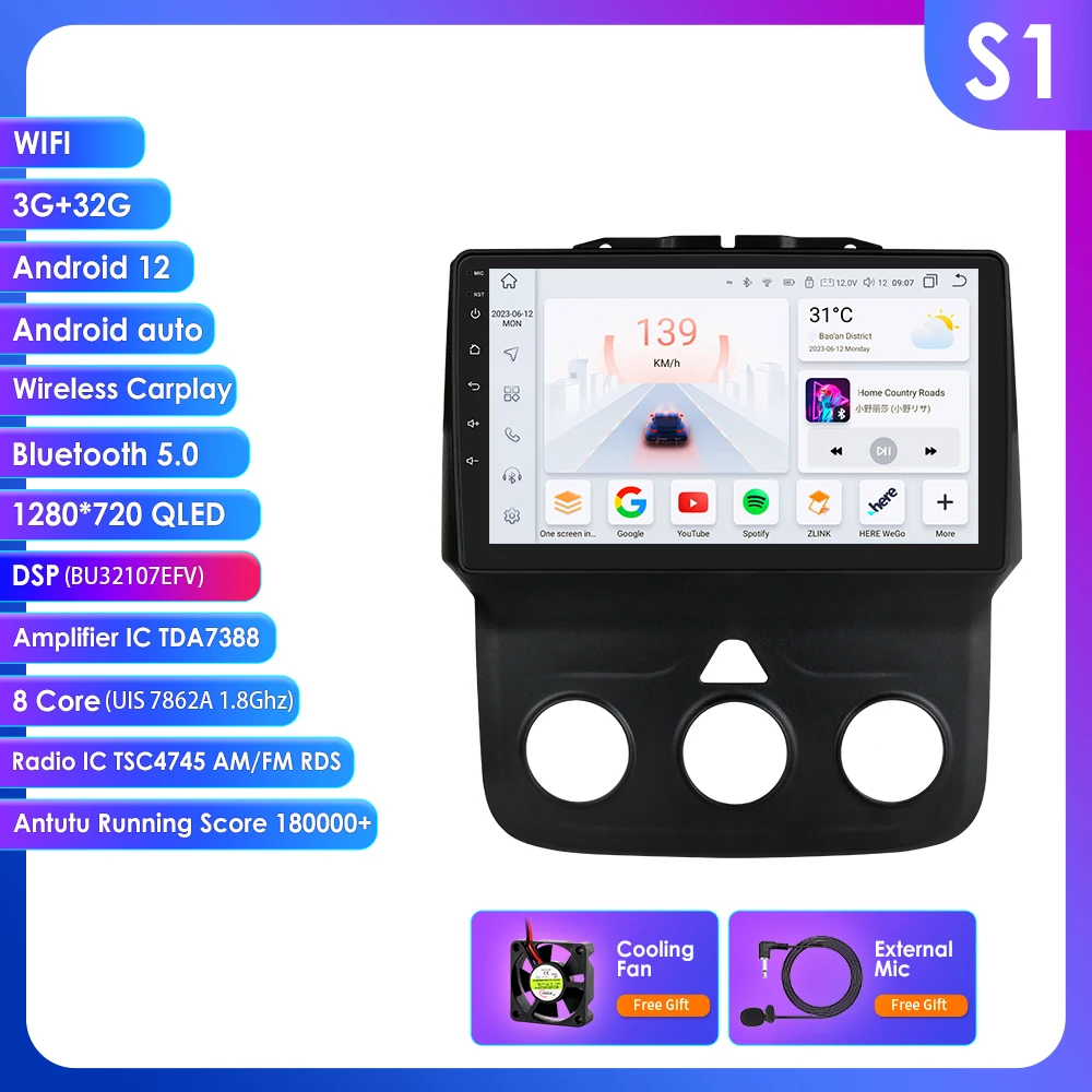 Hizpo 9 inch autoradio voor Dodge RAM 1500 2500 3500 2013-2018 draadloze Carplay Android auto multimedia videospeler 2 DIN radio autoradio GPS stereo slimme intelligente systemen IPS touchscreen head