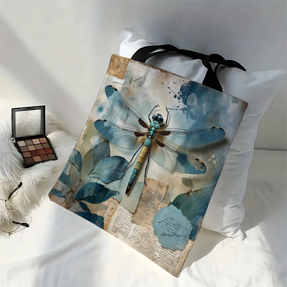 Dragonfly Art Tote Bag Large Capacity Shoulder Bag, Reusable Shopping Bag with Coin Purse Printed Linen Fabric