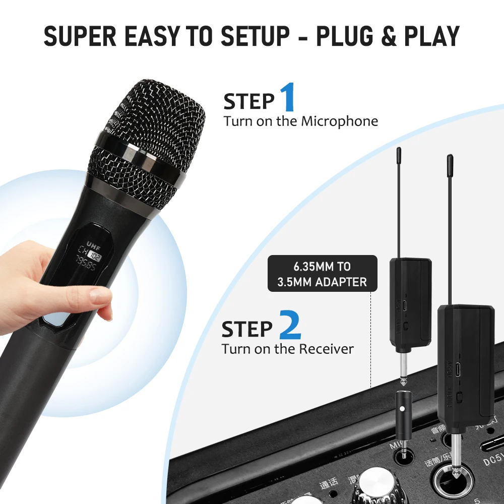 4 Channel Wireless Microphone Handheld UHF Fixed Dynamic Mic with 1200mAh 18650 Rechargeable Receiver For Karaoke Wedding Party