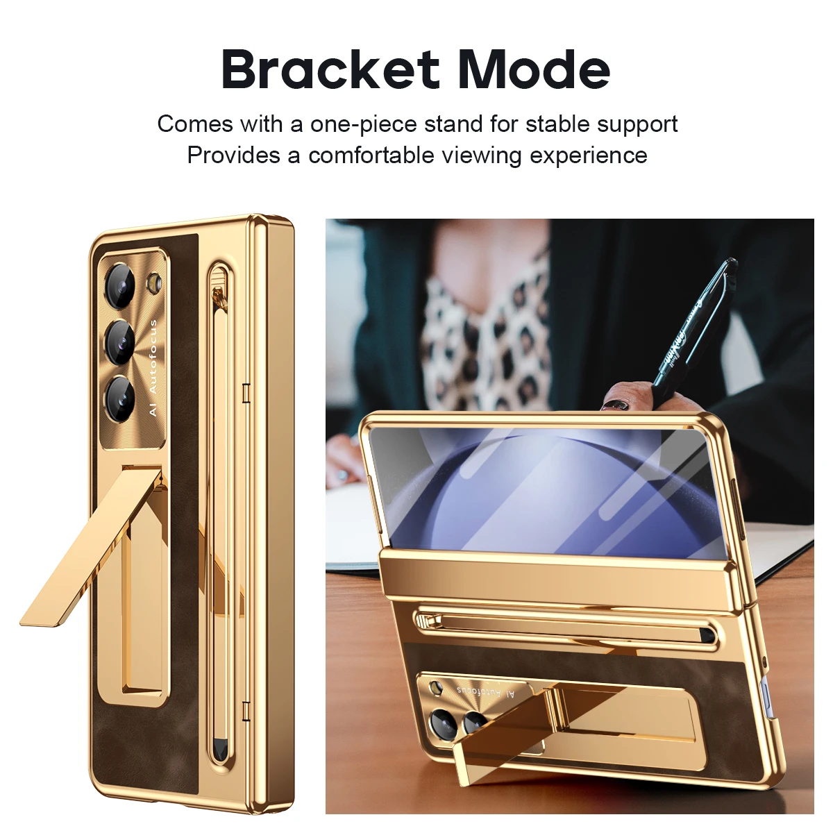 Etui skórzane z długopisem do Samsung Galaxy Z TriFold Fold 8 7 6 5 4, elektroplaterowane zawiasy, odporne na wstrząsy, z podstawką i szklaną folią. — zdjęcie produktu 4