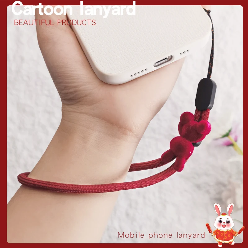 Mobile Phone Lanyard Wrist Short Fluffy Rabbit Woven Belt Pendant Ring Short Simple Pendant Universal Chain Finger Clasp Sling