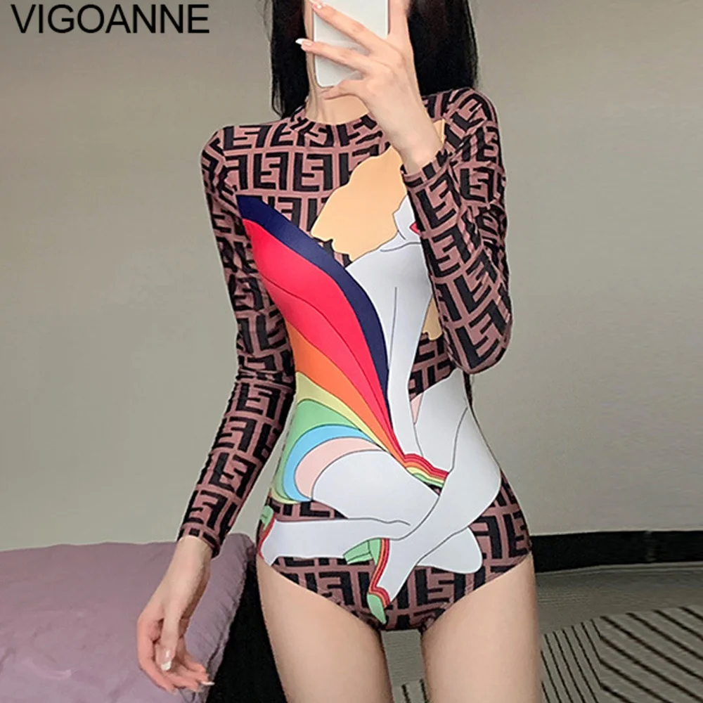 VigoAnne Print Long Sleeve Swimwear Women 2024 Sexy O Neck Push Up One Piece Swimsuit Korean Slimfit Monokini Beach Bathing Suit