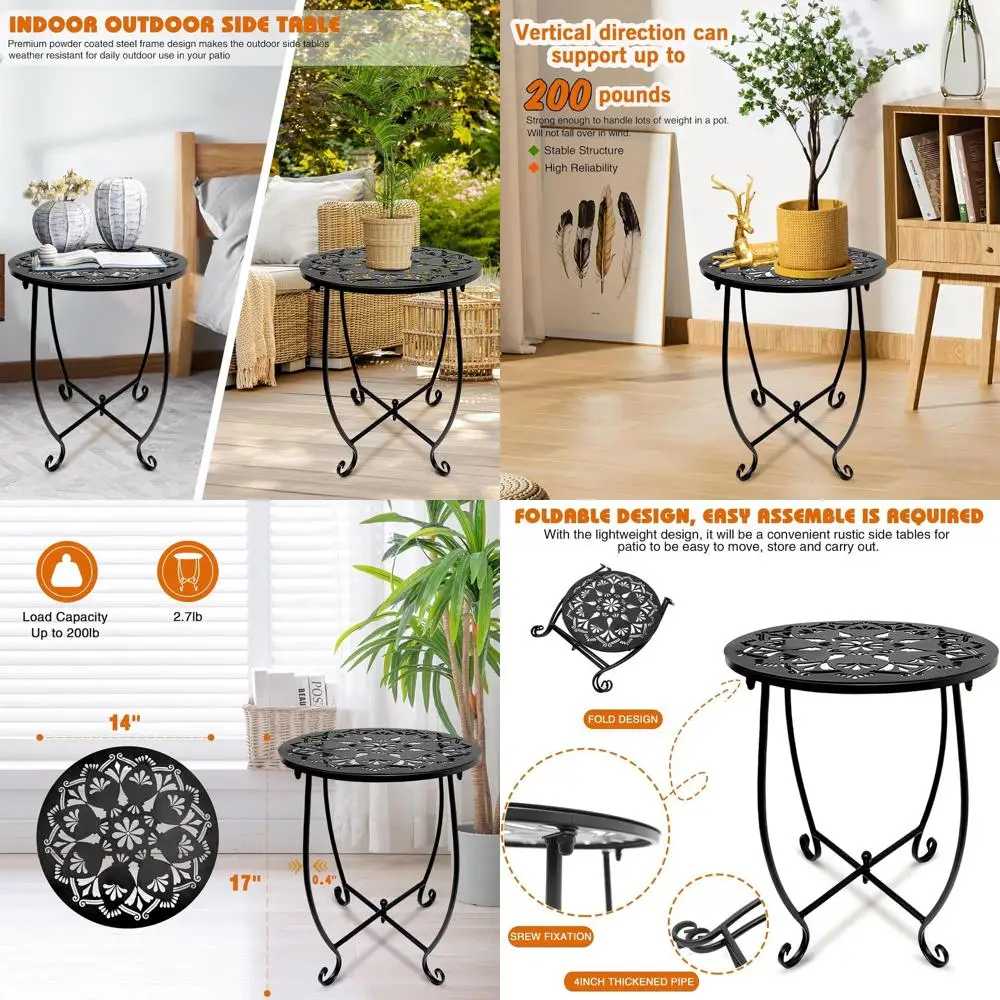 

Металлический столик для патио, устойчивый к атмосферным воздействиям, 14 дюймов, круглый, для использования на открытом воздухе, для Хэллоуина, балкона, сада или прикроватной зоны - черный