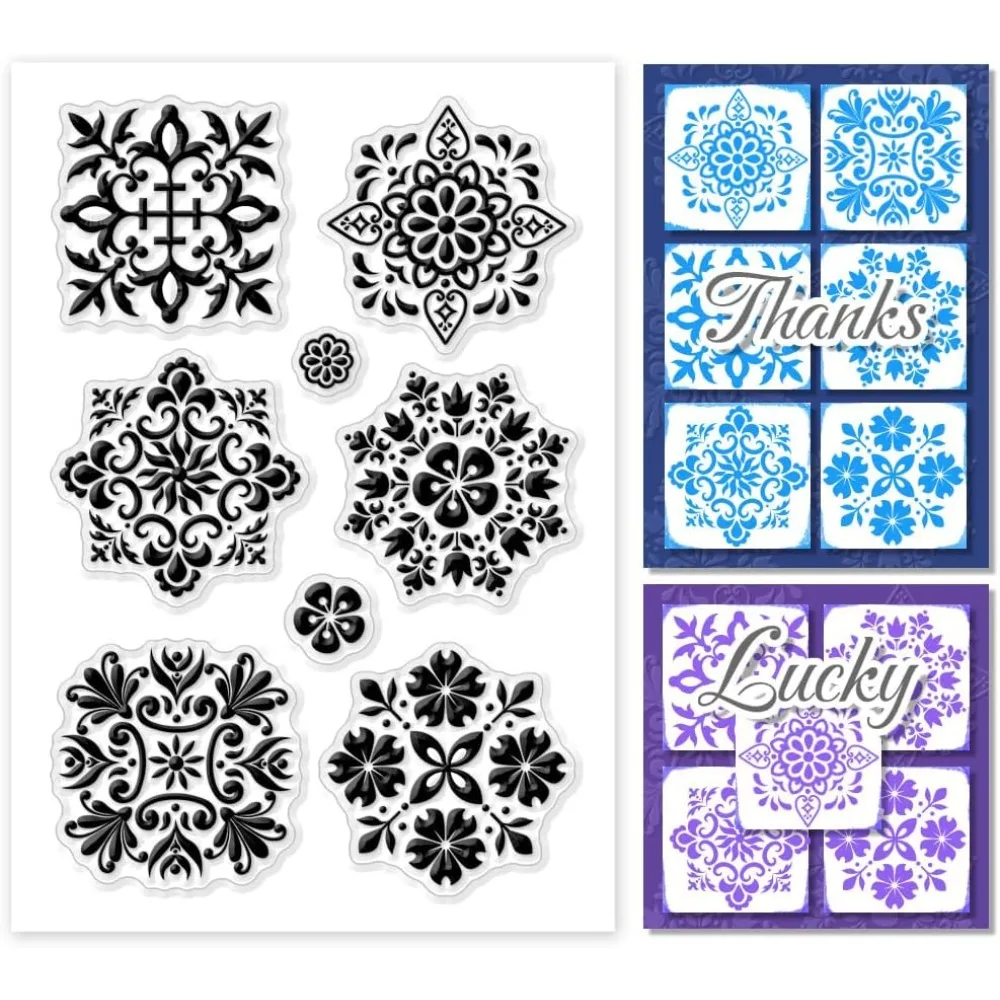 PandaHall Flower Clear Stamps for Card Making, Retro Geometric Unmounted Rubber Stamps Transparent Craft Stamp Seal Stamp for