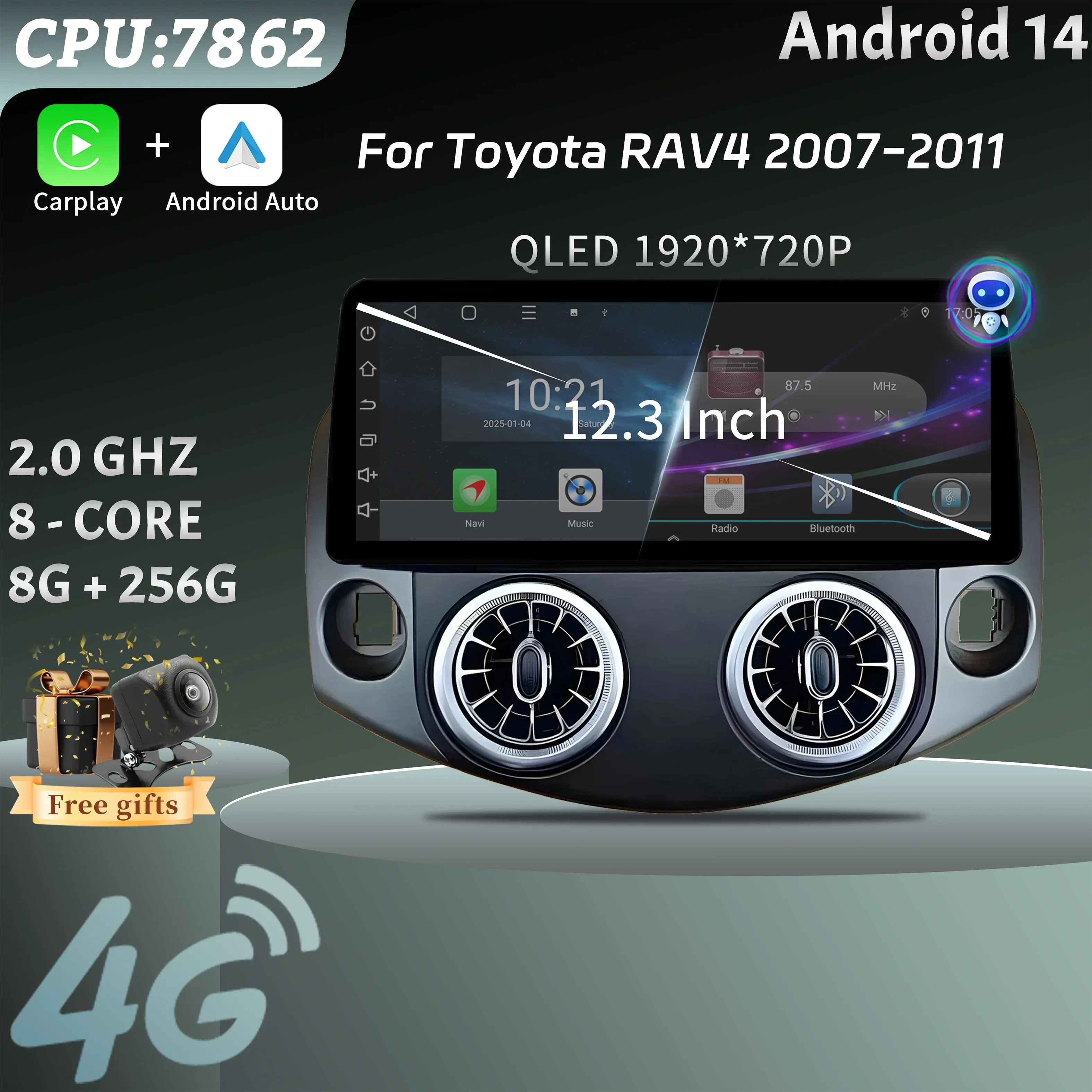 Car Radio Multimedia 12.3inch GPS For Toyota RAV4 2007-2011 Navigation Wireless  BT CarPlay Android 15 Stereo Touch Screen