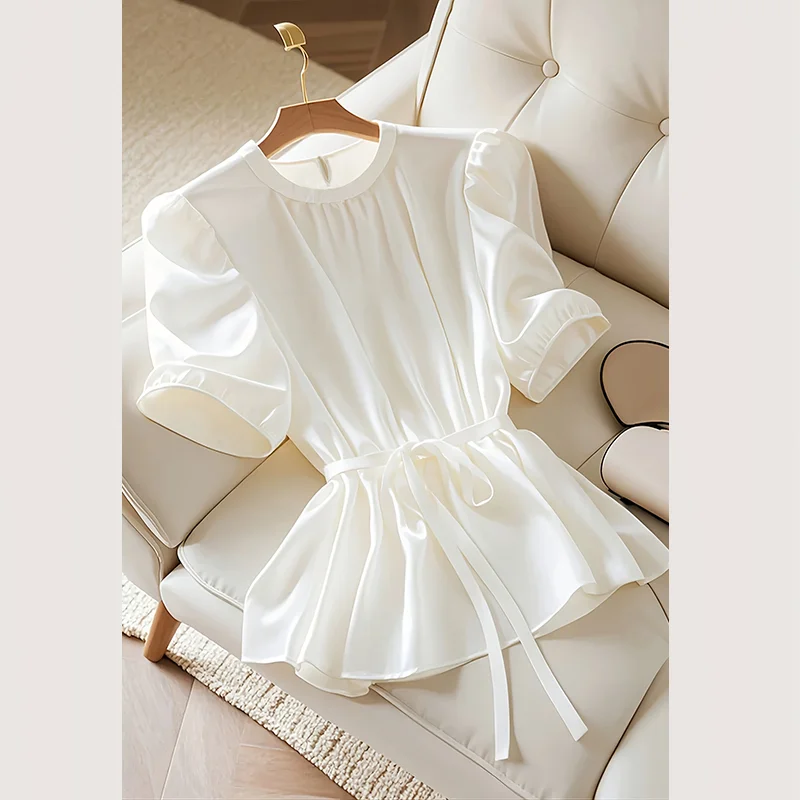 

Женская элегантная плиссированная однотонная рубашка с коротким рукавом и круглым вырезом, летняя универсальная повседневная и деловая блузка