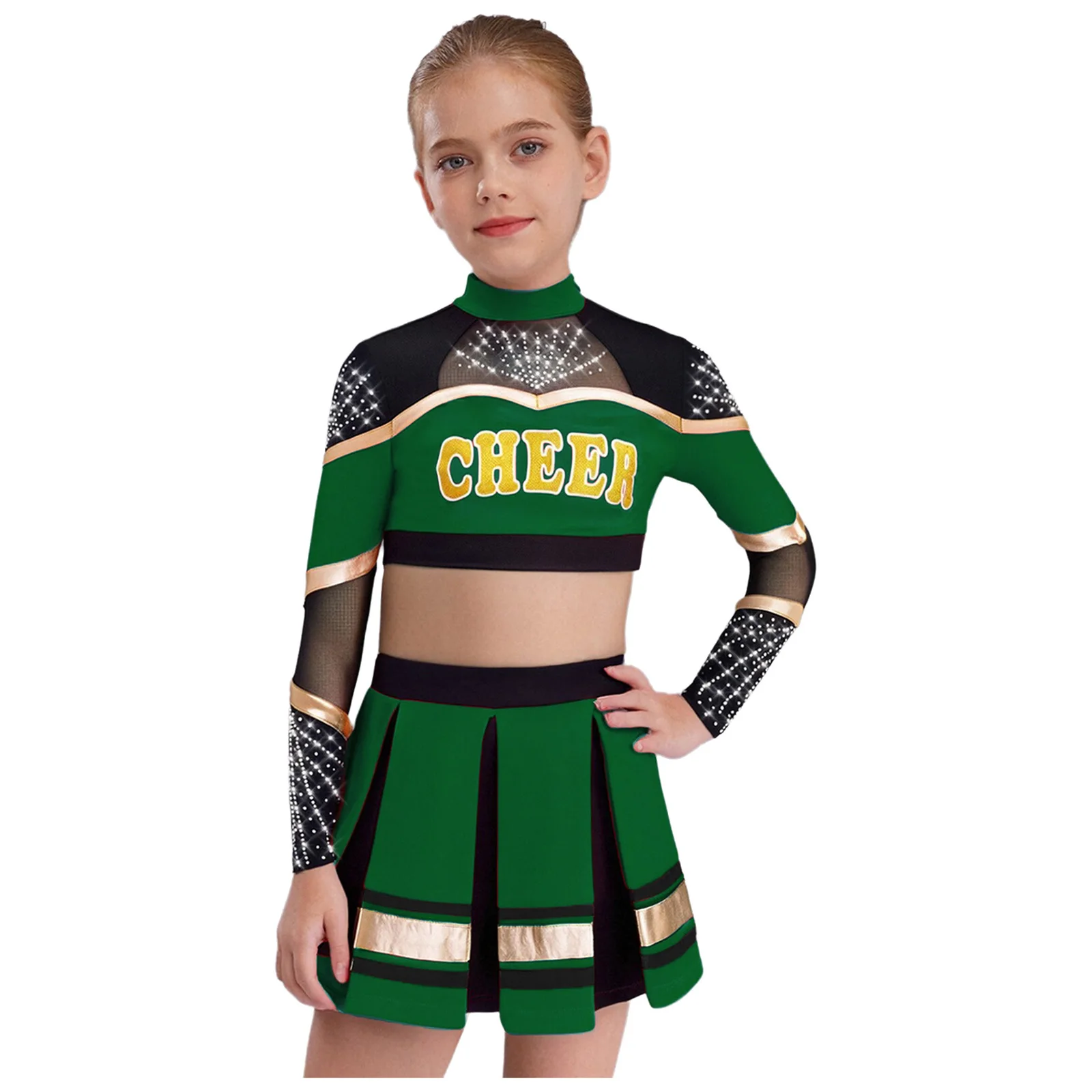 

Детский костюм для черлидинга для девочек: укороченный топ с длинными рукавами из прозрачной сетки с аппликацией из страз и плиссированная юбка
