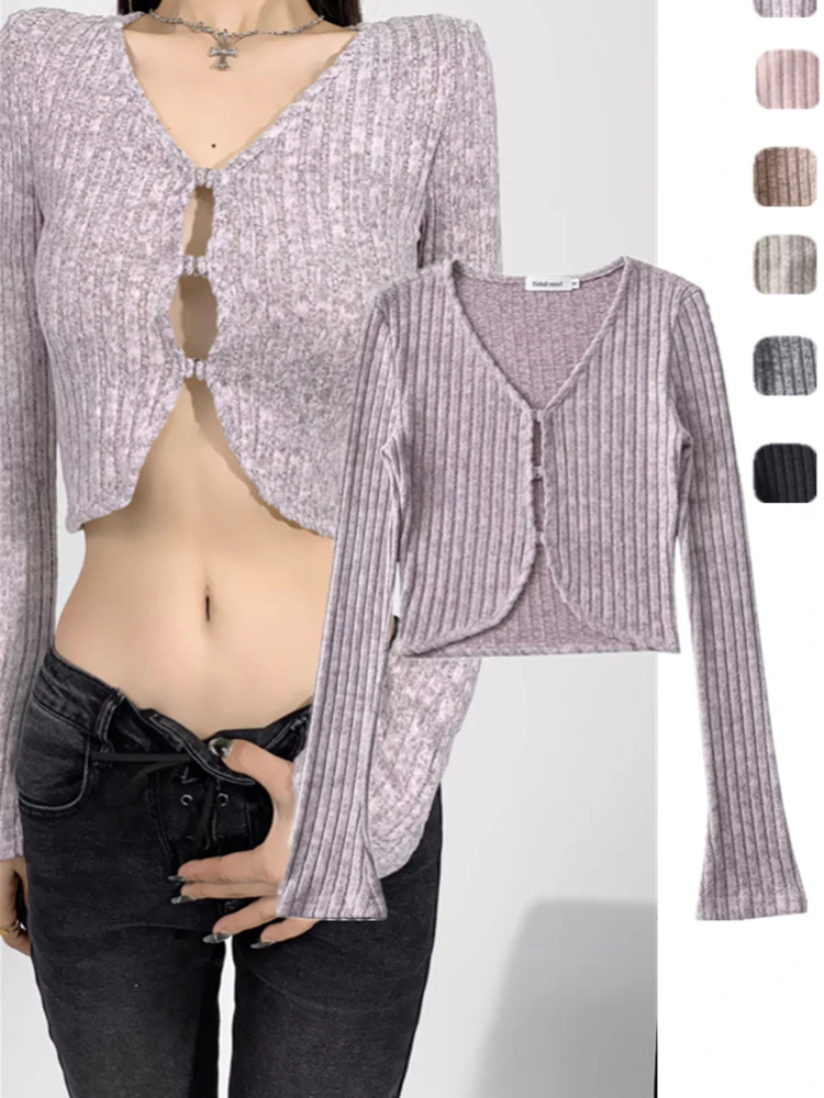 

American Retro Brued Texture Slim Fit Knitted Cardigan ort Length Bell Sve Striped Open Front V Ne Trendy Street Sle