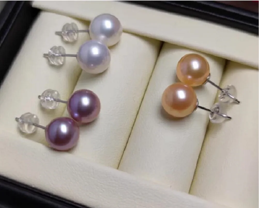 new AAA++ 9-10mm 10-11mm akoya round White pink purple pearl earring 925 gift box