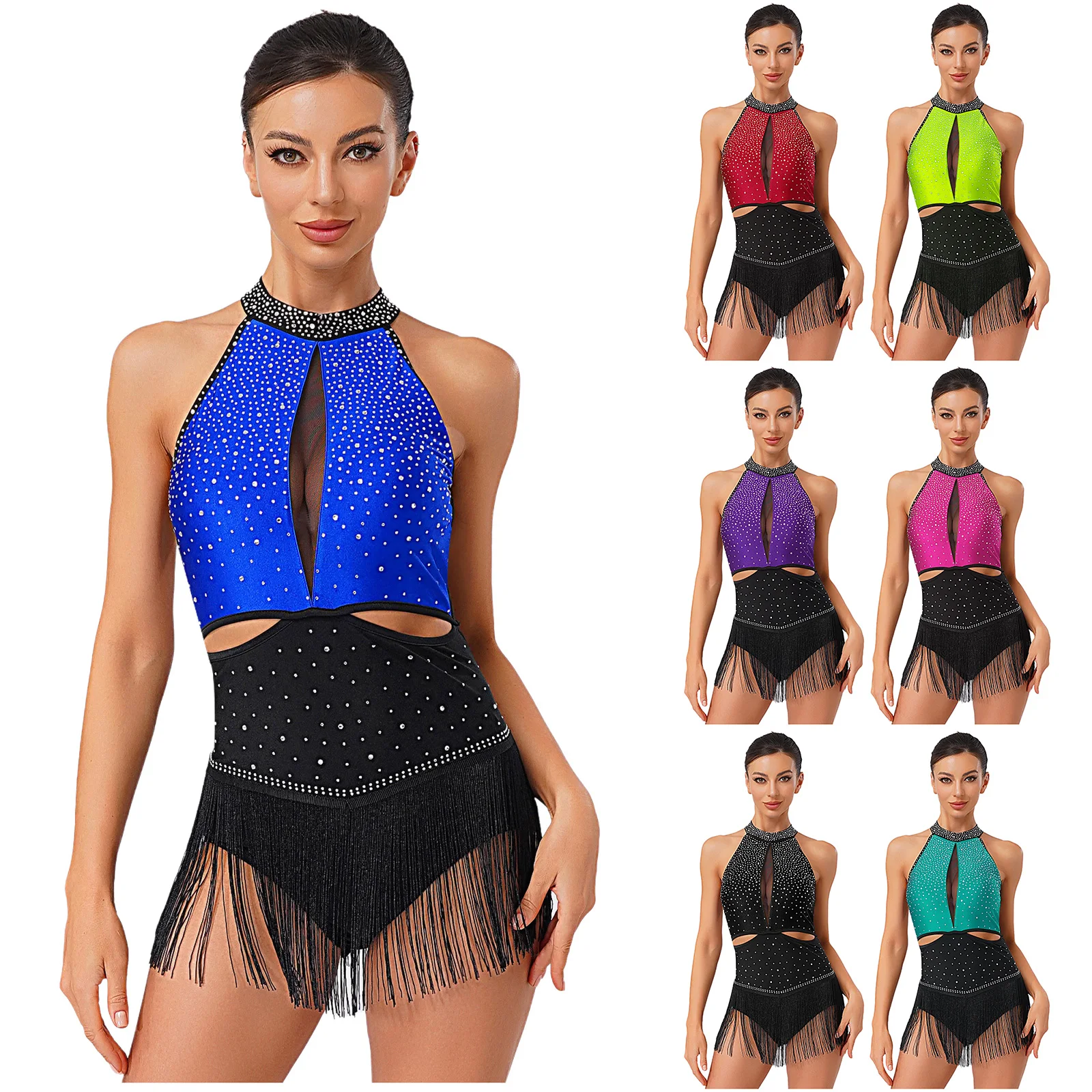 Women Tassel Latin Jazz Dance Bodysuit Cha-cha Samba Rumba Ballroom Gymnastics Costume Sleeveless Rhinestones Mesh Leotard