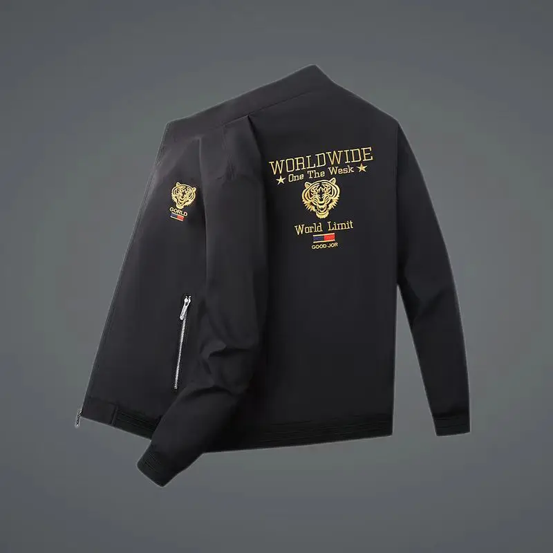 Four Seasons of New Men's Tiger Head Embroidered Jacket Influx of Men's Korean Version of The Solid-color Stand-up Collar Jacket