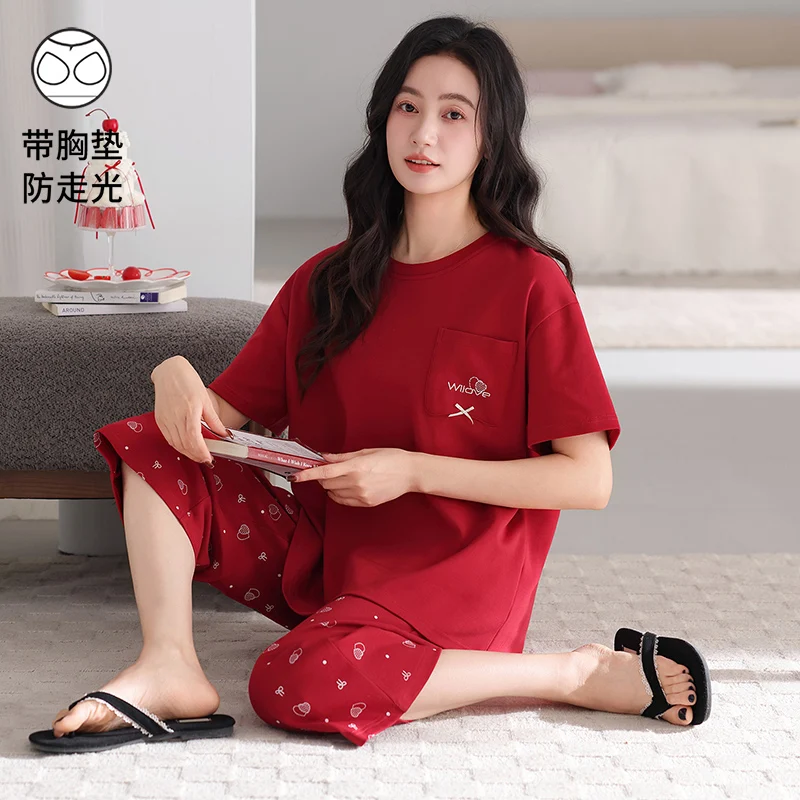 Summer 100％ Cotton Women Pajamas Set 3 Pieces Set Short-sleeve Suit + Calf-Length Pants Sleepwear Female Homewear With Chest Pad