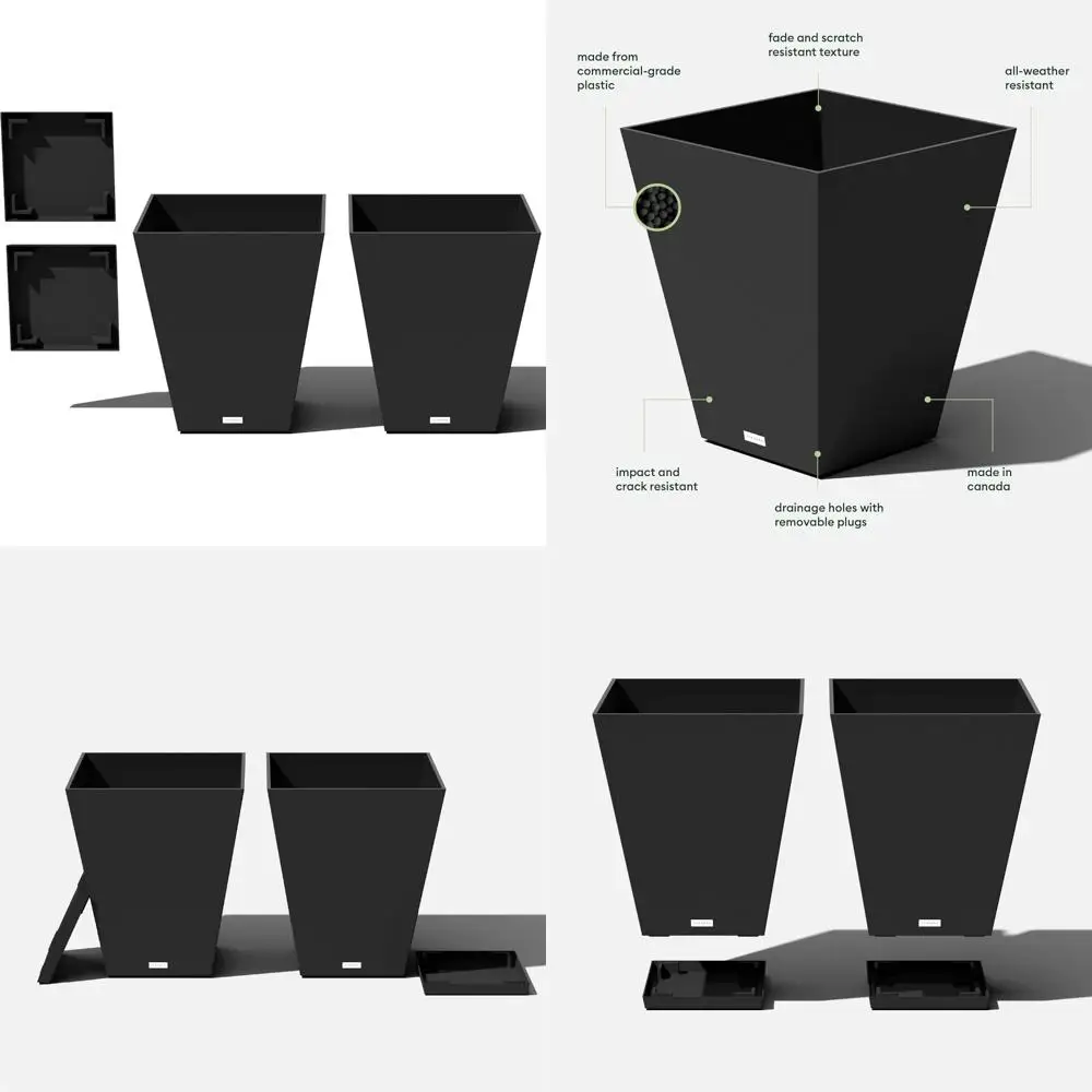 

Indoor Outdoor Square Planters Set of 2 Black with Saucer Trays for Home Garden Decor