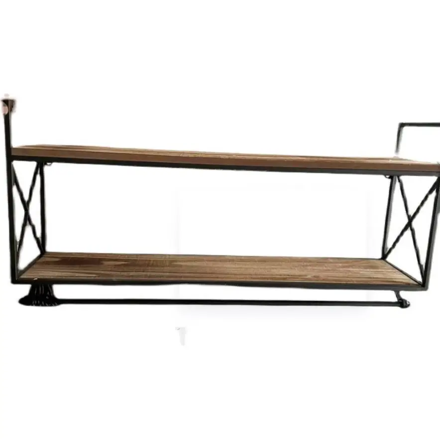 

American Countryside Vintage Iron Framed Solid Wooden Board 2 Tier Wall Shelf with Hooks