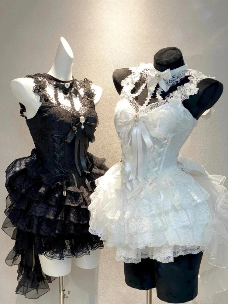 

Японское кавайное платье Лолиты, женское Y2k, кружевное мини-платье с лямкой на шее и бантом, Harajuku, милый винтажный вечерний дизайн, чувственный наряд