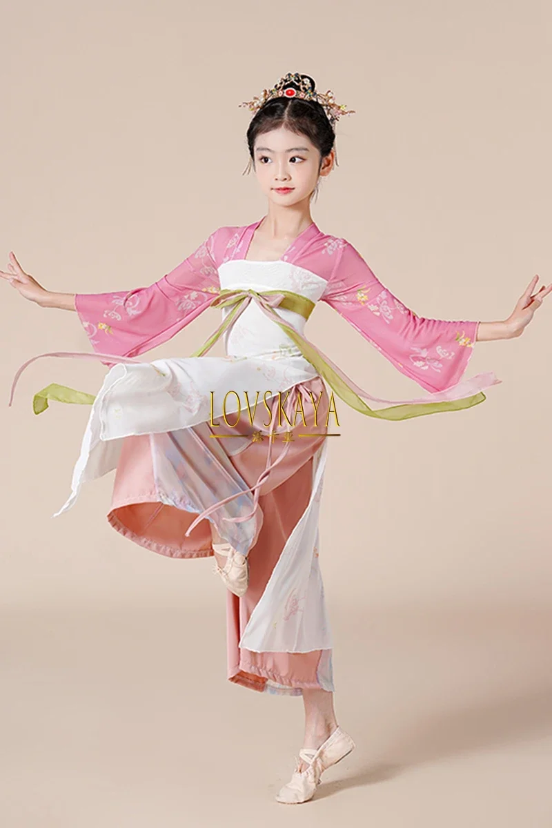 Chinês Hanfu gaze dança traje para crianças, gaze vestuário, Long Fan, desempenho, desempenho, Hanfu