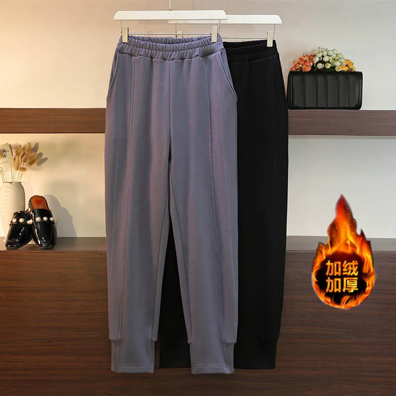 150Kg Plus Size Women's Winter Fleece Trousers With Feet  Elastic Waist Solid Casual Pants Black Gray 5XL 6XL 7XL 8XL 9XL